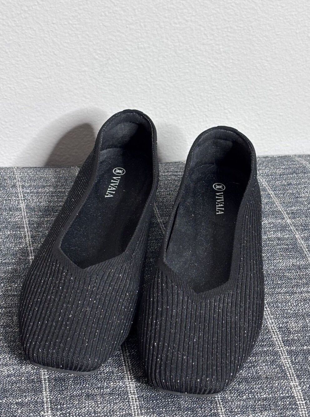 VIVAIA Square-Toe V-Cut Flats Margot 2.0 Black Sparkle Size EU 40.5 US 9.5